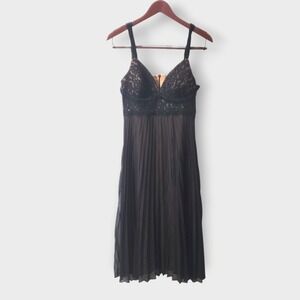 Vtg S.L. Fashions Black Nude Lace Sequin Pleated Midi Cocktail Dress‎ Size 12